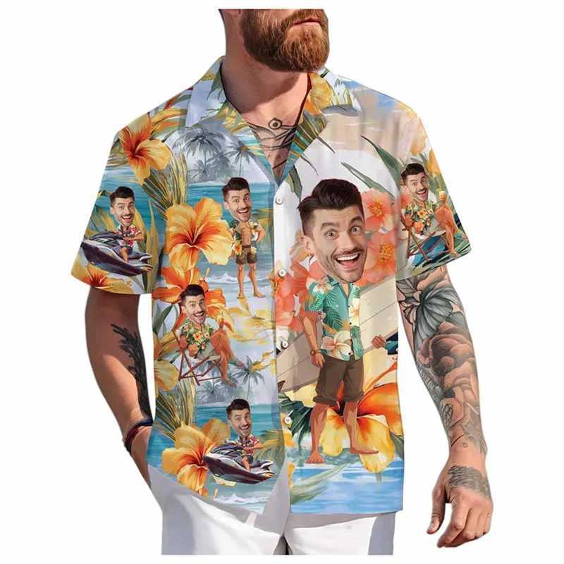 Customized facial Hawaiian shirt unisex funny personalized 3D printed button up shirt for spring and summer beach short sleeved lapel shirt X250410