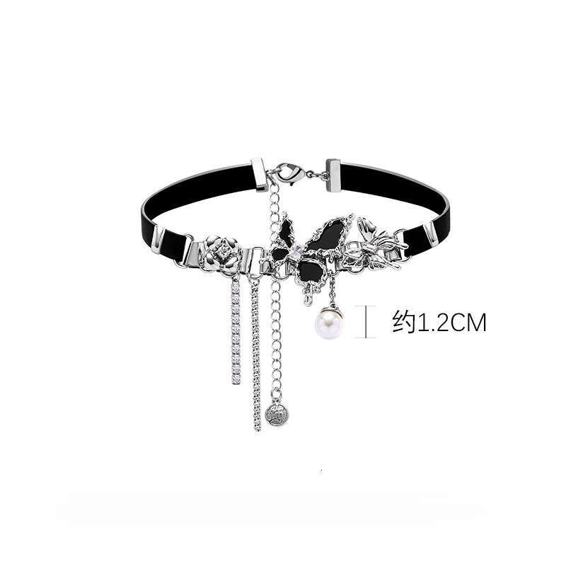 Butterfly Pearl for Women, Light Luxury Wholesale, High-End New Chinese Style Black Leather Choker, Hip-Hop Trendy Versatile Necklace