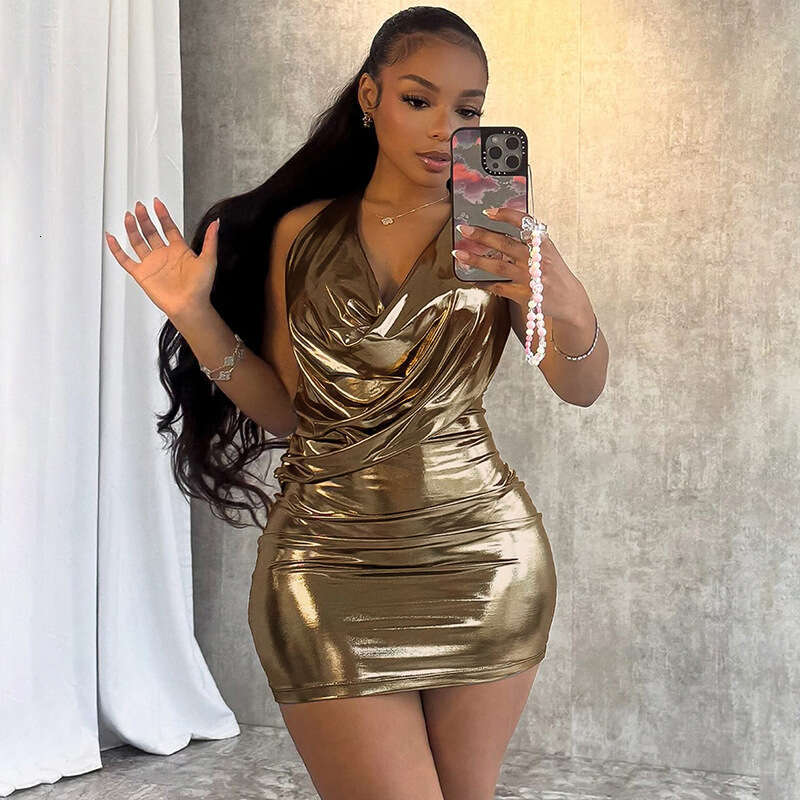 New Style gold SEXY DRESSES FOR WOMEN Hot Girl Trendy Swing Neck Halter Solid Color Sequin Bodycon Short Night club maxi dress