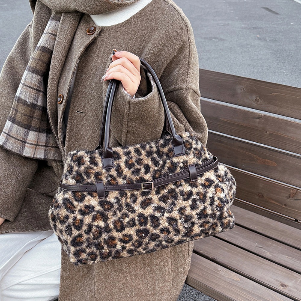Stylish Vintage Ladies' Faux Lambskin Leopard Print Duffle for All Seasons Practical with Adjustable Strap Options