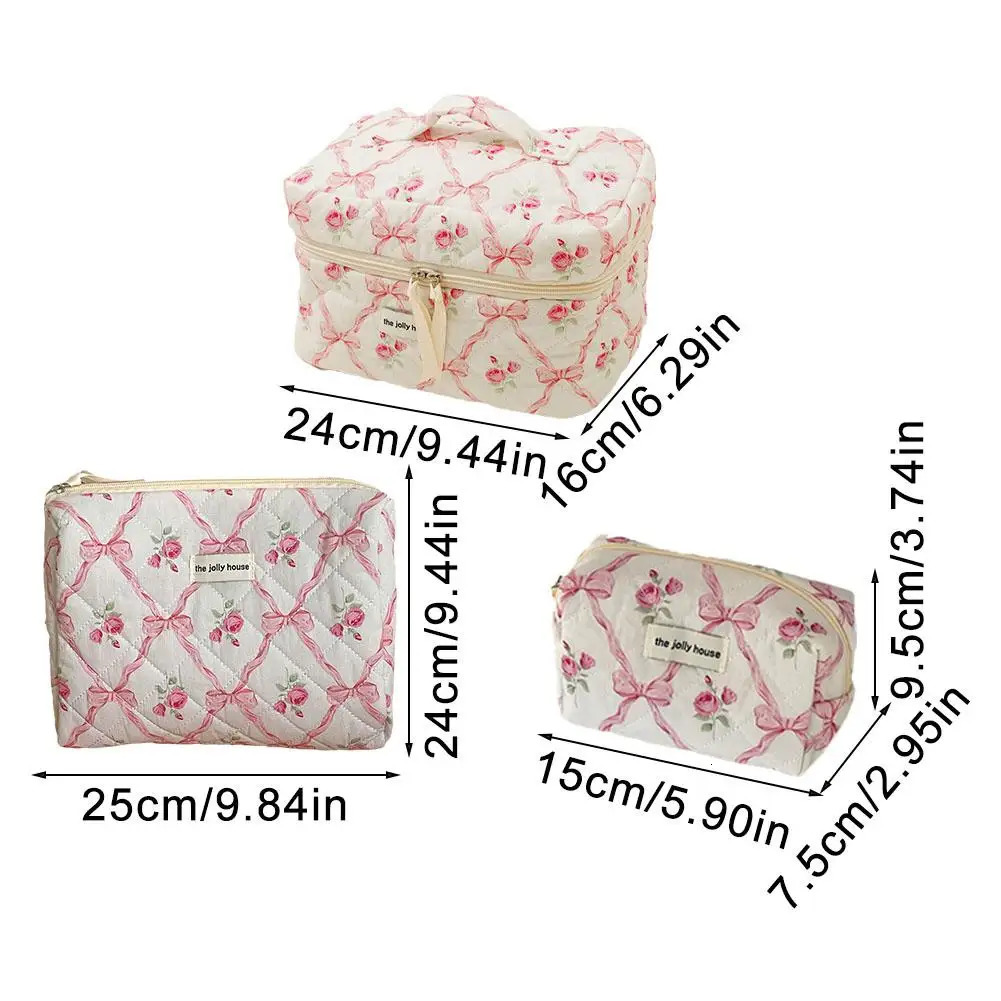 Cute Bow Flower Quilting Makeup Bag Women Zipper Cosmetic Organizer Female Cloth Handbag Portable Toiletry Case 251110