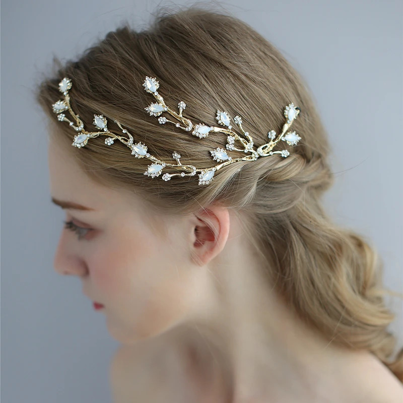 Ligth Gold Branch Bridal Hair Clip Pin Opal Crystal Wedding Headpiece Handmade Womens Crown Accessories 250409