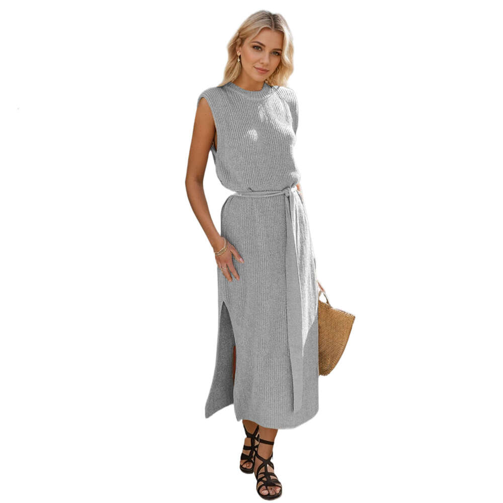 2024 Spring Autumn New European and American Solid Color Round Neck Bottom Knitted Skirt Fashion Commuter Split Dress for Women