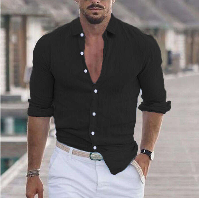 2025 New Men's Summer Cotton Linen Turn-down Collar Beach Shirt Long Sleeve Solid Color Hawaiian Holiday Clothing