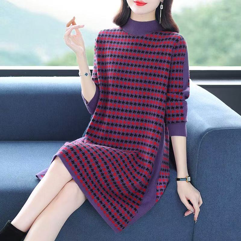 plus size women's new long sleeve high waist printed banquet dress mid-length skirt D02818