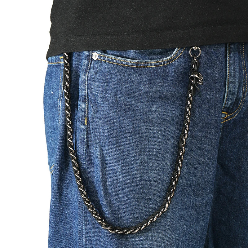 Mens Hip Hop Pants Chain Black Alloy Skull Safe Travel Wallet Heavy duty Jeans Coil Waist 250410