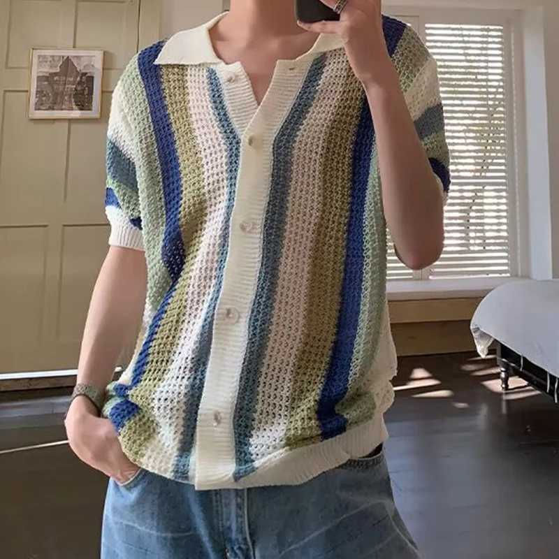 Casual breathable hollow mens summer beach casual short sleeved knitted shirt mens fashionable striped knitted top X250410