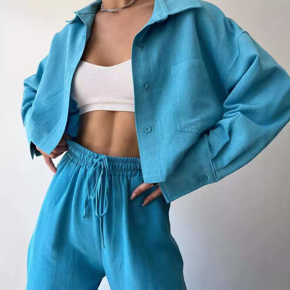 2024 European and American New Solid Color Long Sleeve Short Casual Shirt Drawstring Pants Set