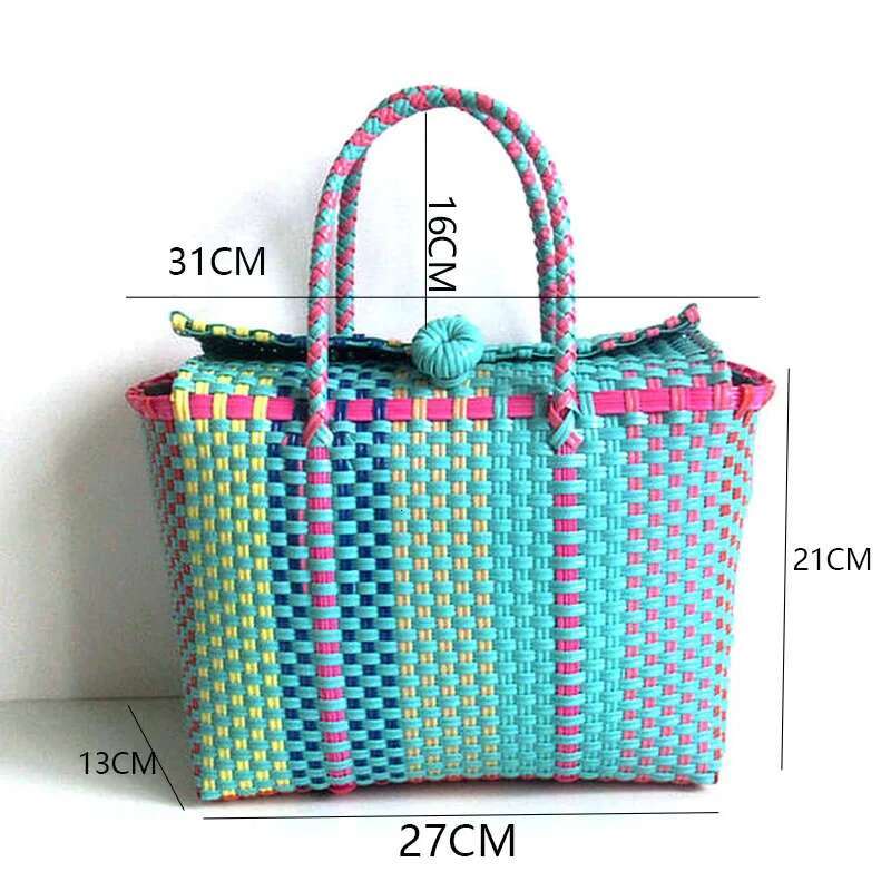 Women Large Weave Beach Woven Bucket Bag Casual Tote Handbags Shopping Popular Plastic Braided Holiday Basket