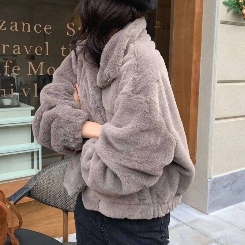 Women Autumn Winter Thicken Warm Coat Stand-Collar Loose Fur Plush Zipper Jacket Soft Comfortable Casual Simple Solid Outerwear