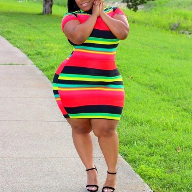 2025 summer new striped slim fit red plus size fat woman fashionable dress for women