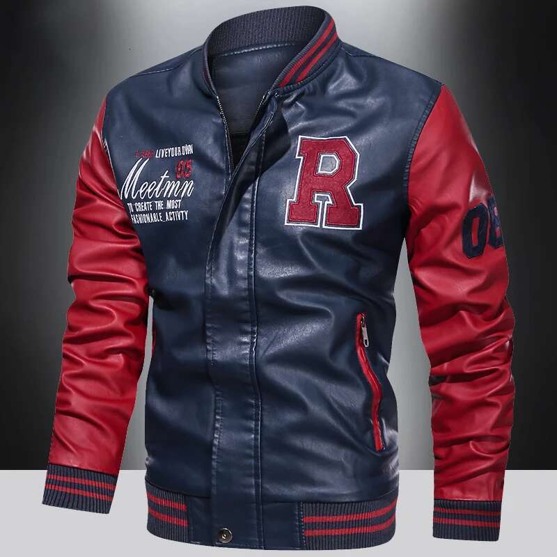 Spring And Autumn Men's Motorcycle Suit Leather Color Blocking American Baseball Collar Pilot Casual PU Leather Jacket