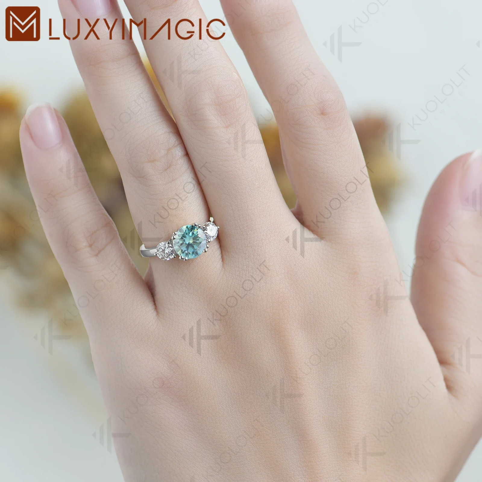 Luxyimagic 2CT Cyan and 08ct White Rings for Women Round Cut Solitaire Ring for Engagement Wedding Party 251103