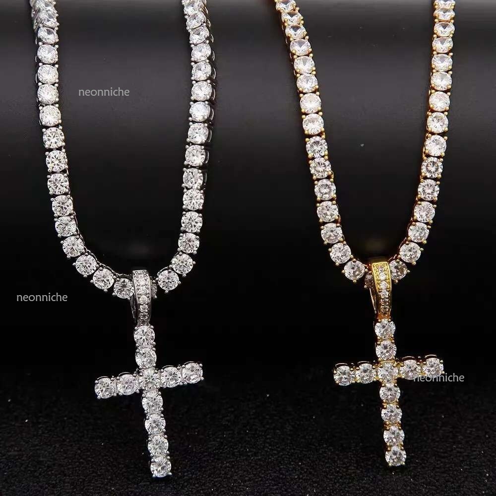 Cross Pendant Necklace Hip Hop 4mm 5mm Vvs Moissanite Dia Tennis Chain Sier for Women Men Jewelry