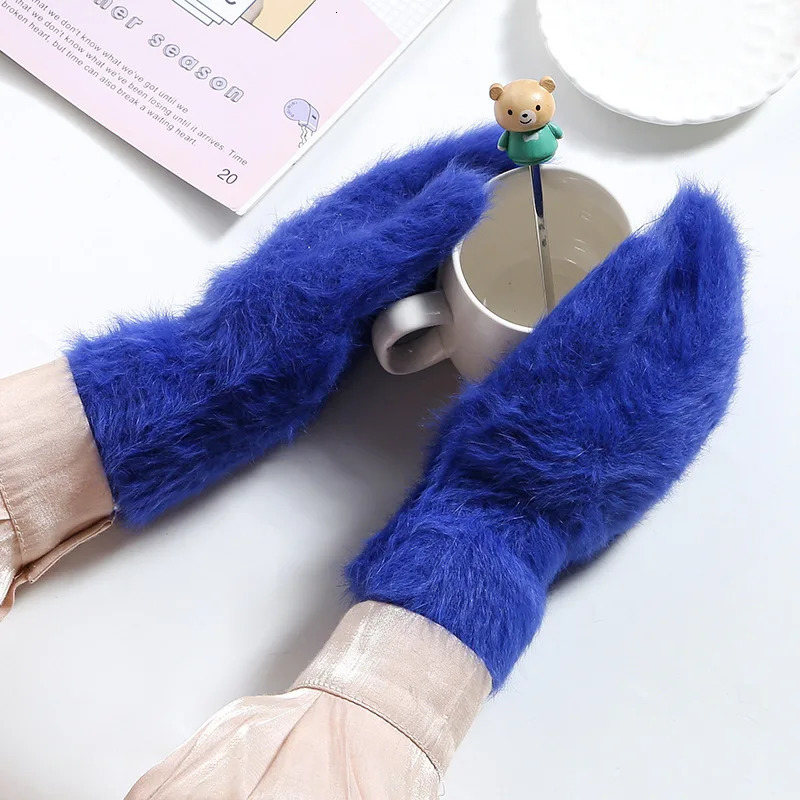 Women Winter Keep Warm Plus Cashmere Velvet Thicken Elasticity Full Fingers Mittens Gloves Rabbit Fur Knitted Wool 251106