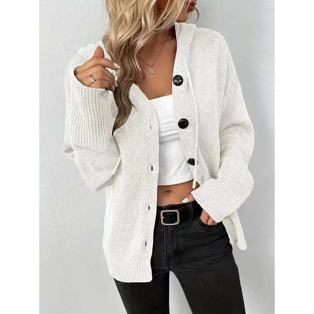 Solid Color Hooded Single-Breasted Cross-Border Sweater 2025 Autumn Winter New Drawstring Knitted Cardigan Coat for Women
