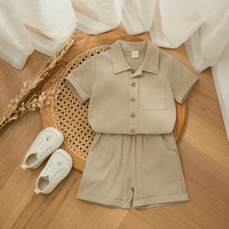 Fashionable summer childrens mens suit childrens cotton linen dress solid color short sleeved button up top shorts 250409