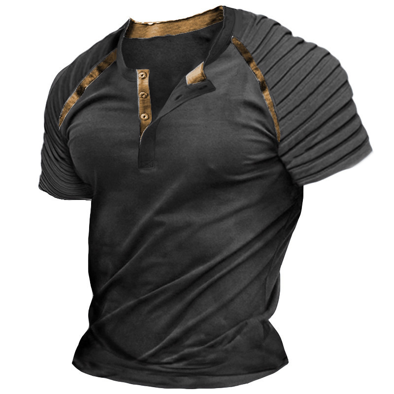 2025 New Summer Mens Sleeves Folded Short Sleeve T-shirt Mens Henry Collar Top