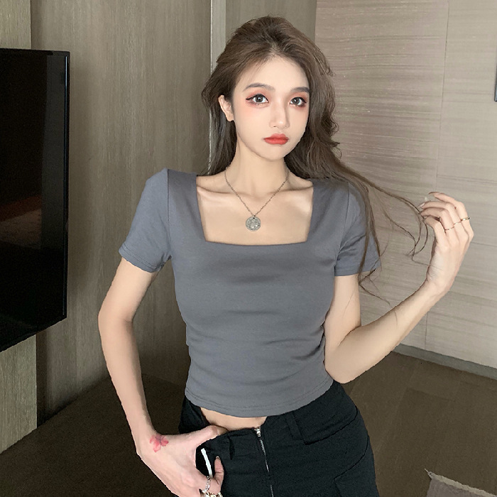 2025S Designer Women S T Shirt Summer New Slim Fit Inner Style Square Neck Sleeve T Shirt High Waist Short Open Navel Bottom Top Women S Clothing