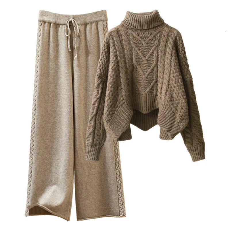 Sweater Suit Women Knitting 2 Piece Sets Pullover Top Jumper Turtleneck Wide Leg Pants Ensemble Winter Thick Knitwear Outfits 251110