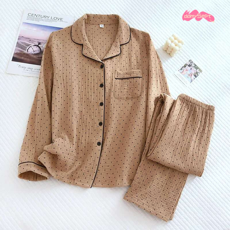 100% Cotton Gauze Women Pamas Polka Dot Print Sleepwear 2025 Spring Female 2 Piece Set Nightwear Lady Pyjamas Loungewear ddmySept