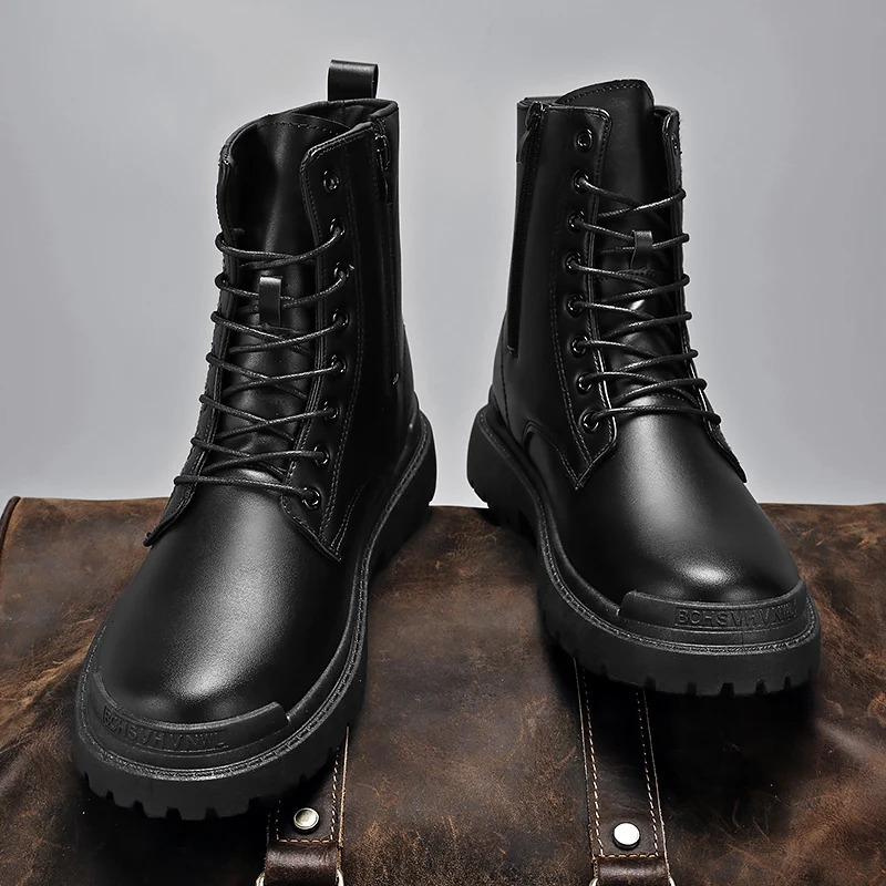 Black Mens Casual Leather Boots Fashion Winter Men Work Boot Mens Shoes Non-slip High Top Ankle Boots Motorcycle Shoes 251107