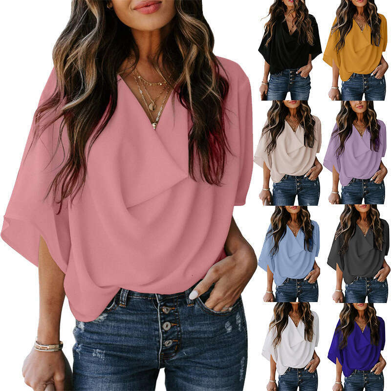 2023 Amazon Wish Independent Station New European and American Chiffon Shirt Loose V-Neck Casual Top T-Shirt Women's Clothing