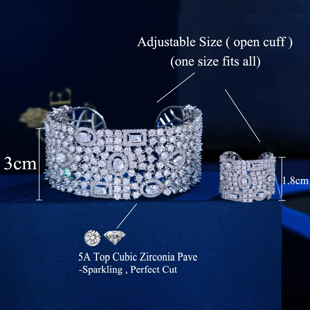 CWWZircons Chunky Cubic Zirconia Inlay Wide Big Open Cuff Bangle and Ring Dubai Wedding Bridal Party Jewelry Sets T749 250409