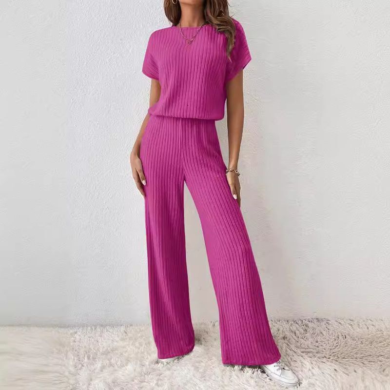 Women's New Solid Color Fine Pit Fashion Shoulder Short-Sleeved Knitted Top Trousers Two-Piece Suit