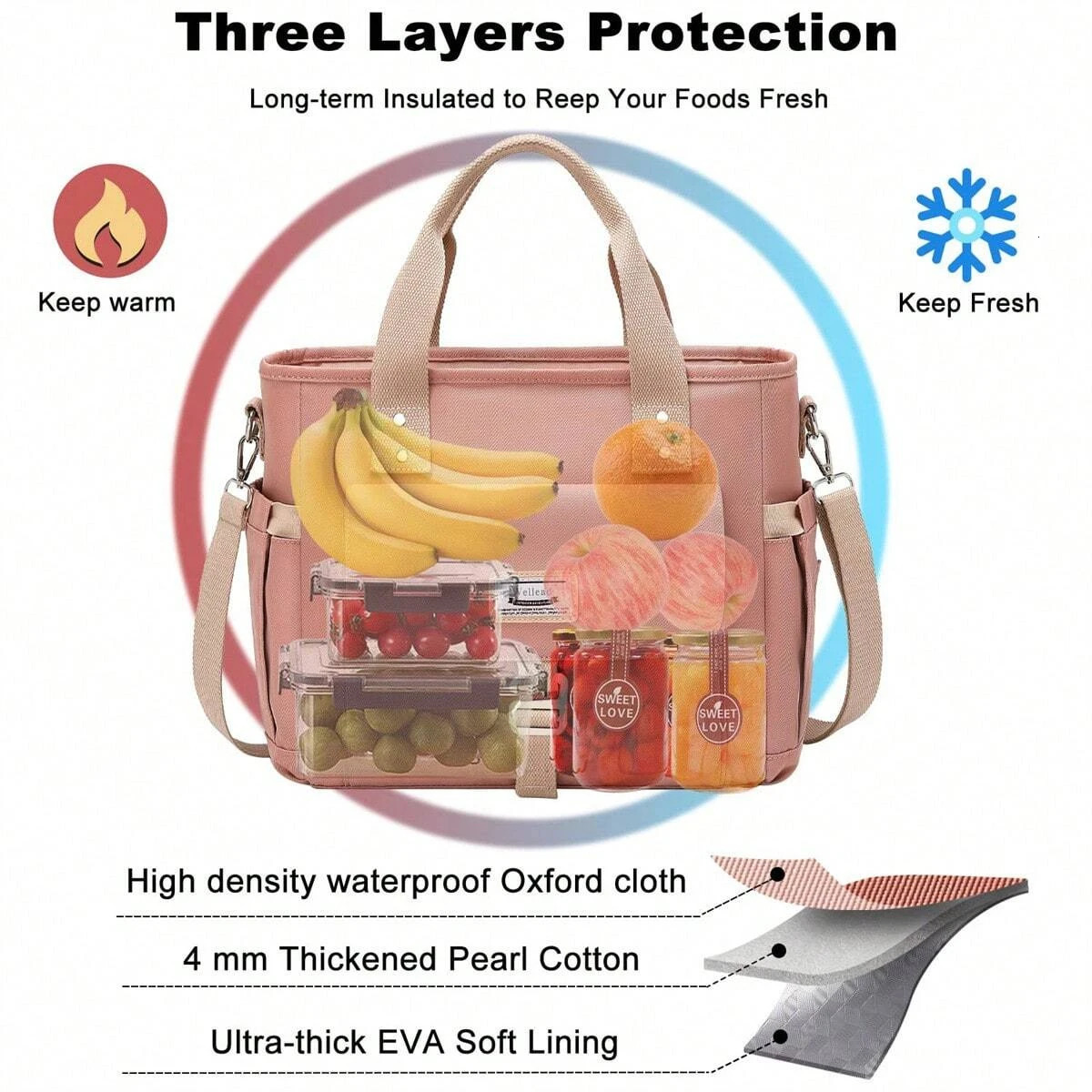 Fashionable womens insulated lunch handbag with large opening temperature control and detachable shoulder strap 250401