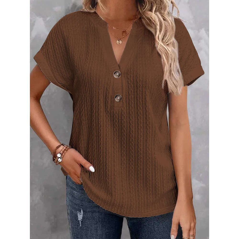 2024 Spring Summer European and American Cross-Border Amazon Independent Station New Women's Fashion Casual Solid Color Button V-Neck T-Shirt for