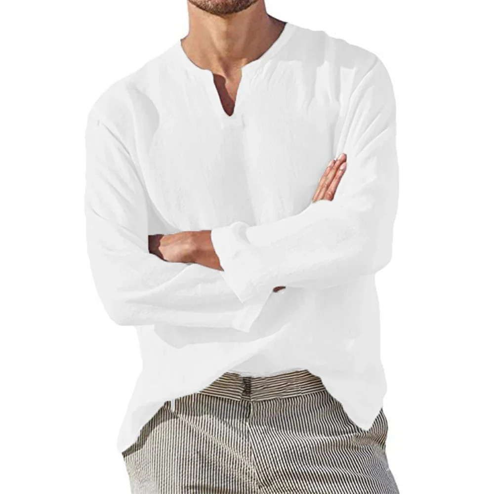 Mens Cotton Linen Shirt Cozy Solid Color Long Sleeve Breathable Tops V Neck Casual Blouse Hawaiian Shirt Lightweight Shirts 250408