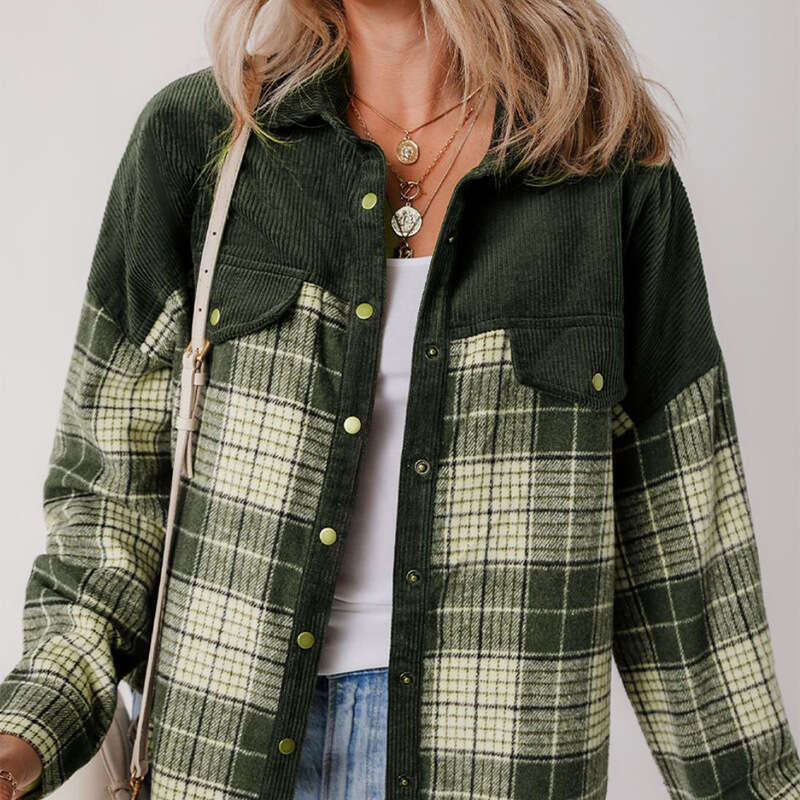 Wish Cross-Border Amazon Foreign Trade European and American Plaid Color-Block Corduroy Jacket 2025 Autumn Winter Long Sleeve Top for Women