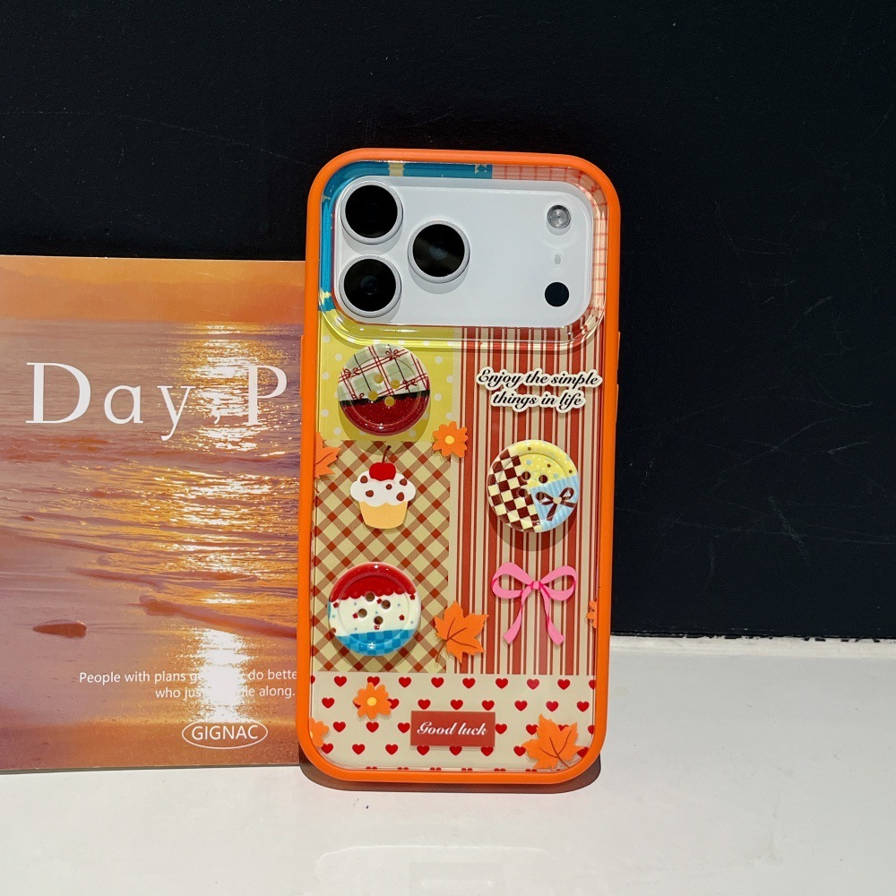 Button Stripe Phone Case Compatible with iPhone 17/16 Pro Max Autumn and Winter Cartoon Protective Cover iPhone 15/14 Shockproof