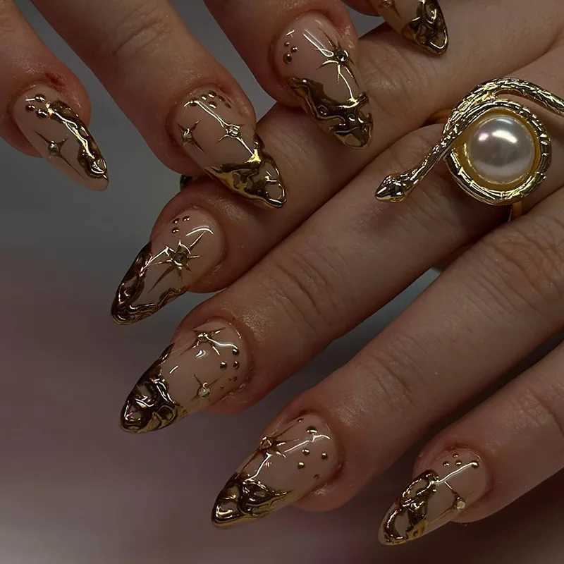 24 Simple French Fake Nails with Almond Head Design Detachable 3D Irregular Star Pattern Tool for Manipulating Fake Nails W250410