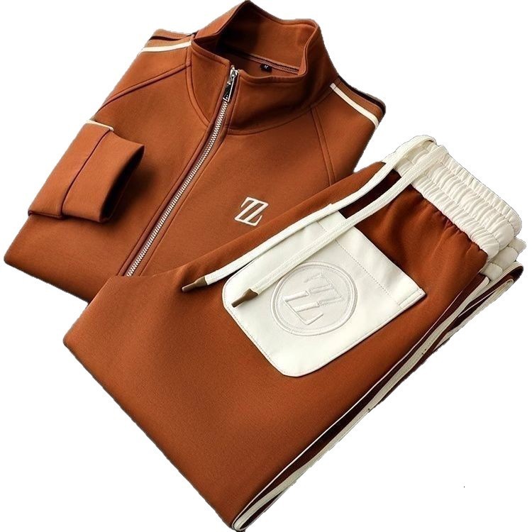 Mens Autumn New Stand Collar Casual Versatile Sports Suit Trendy Brand Long Sleeve Two-Piece Set 241204