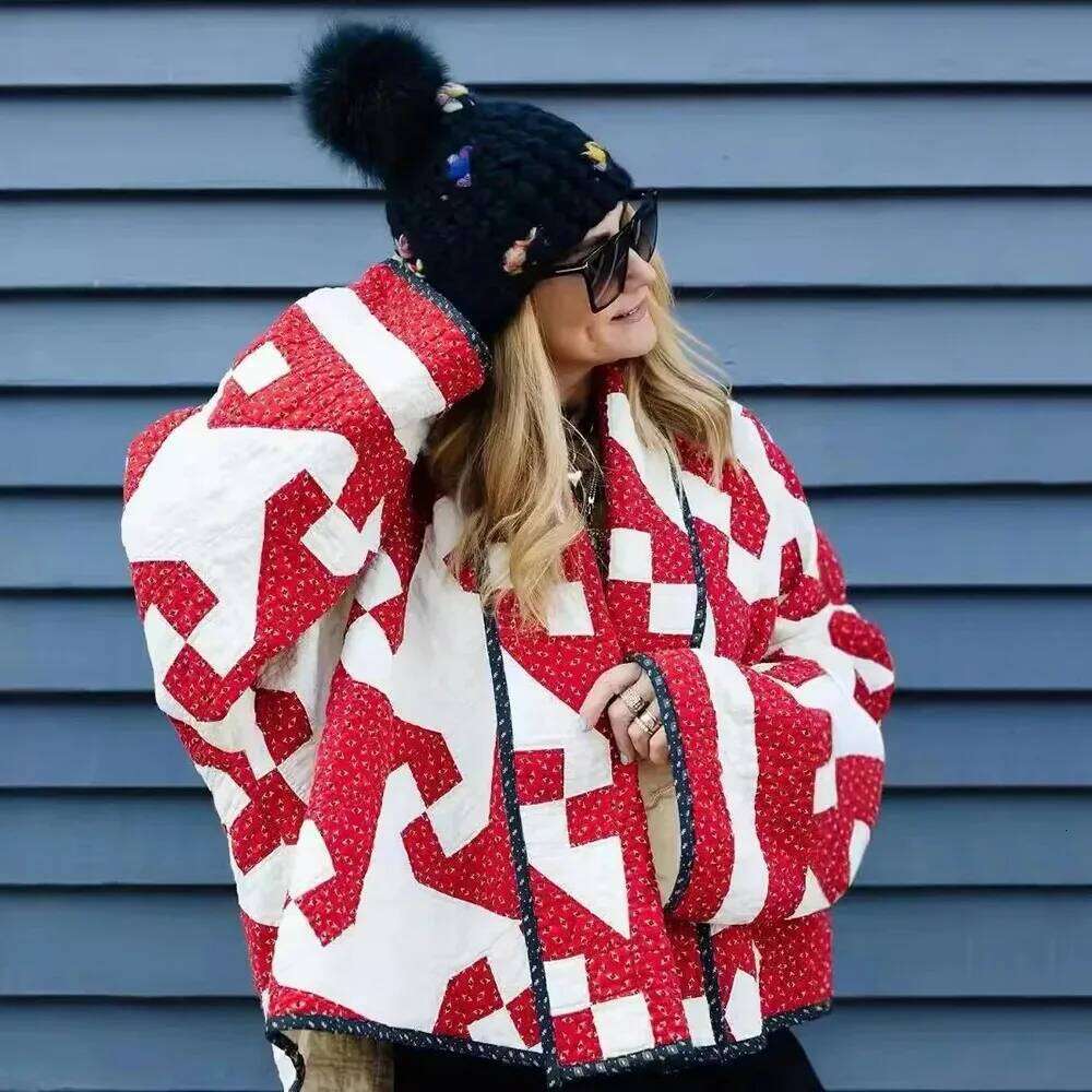 Lapel Printed Colour Blocking Thickened Casual Bohemian Style Cardigan Loose Cotton Jacket Women's