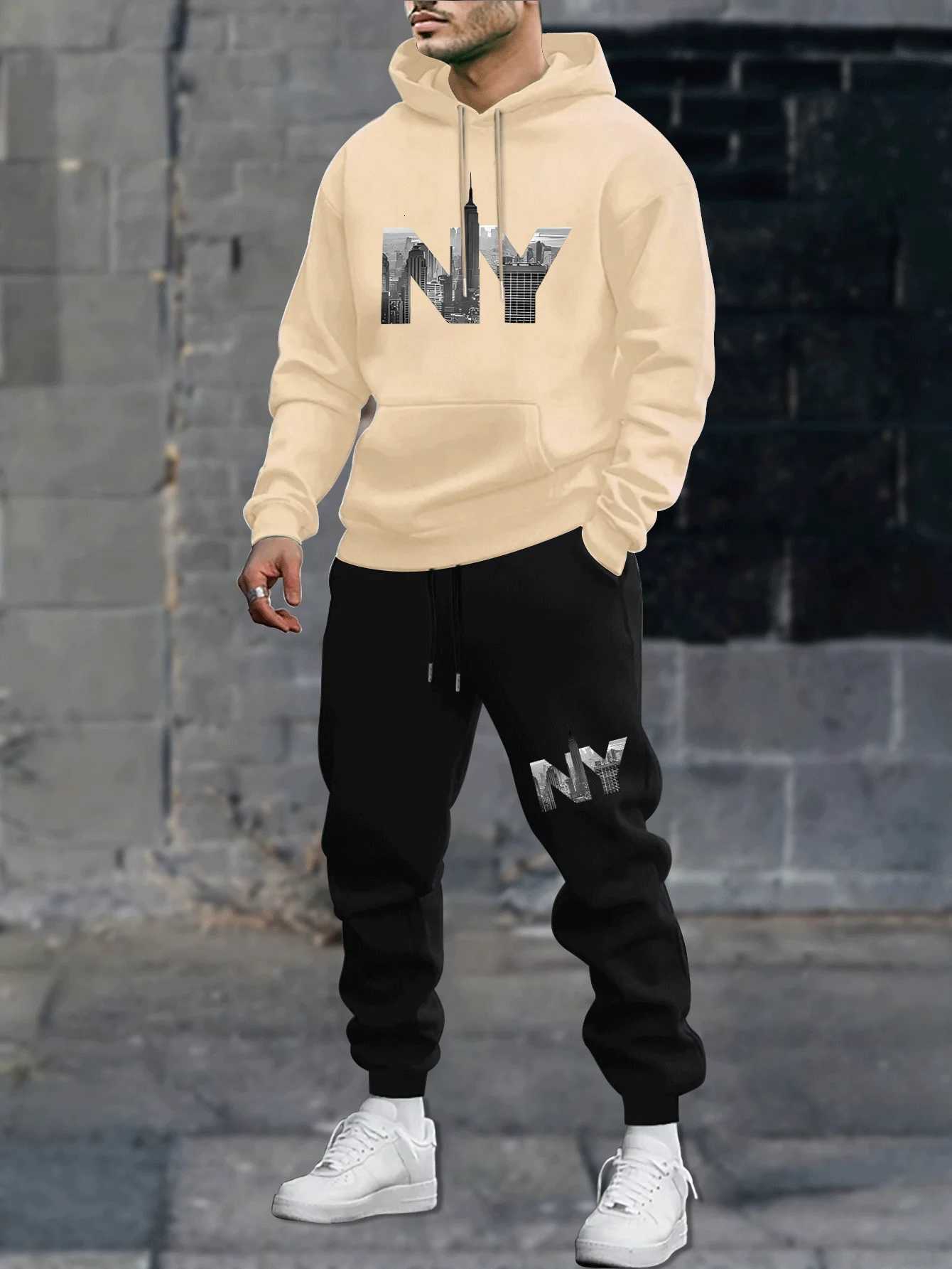 Mens autumn and winter casual fashion warm New York NY pattern print loose and plush thick hooded sweatshirtsports pants set W251110