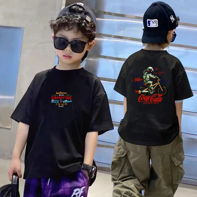 GS- Ddmyshoesvip Boys Short Sleeved Pure Cotton Loose Shoulder Top Summer Clothing Boys Big Children S T Shirt Trendy