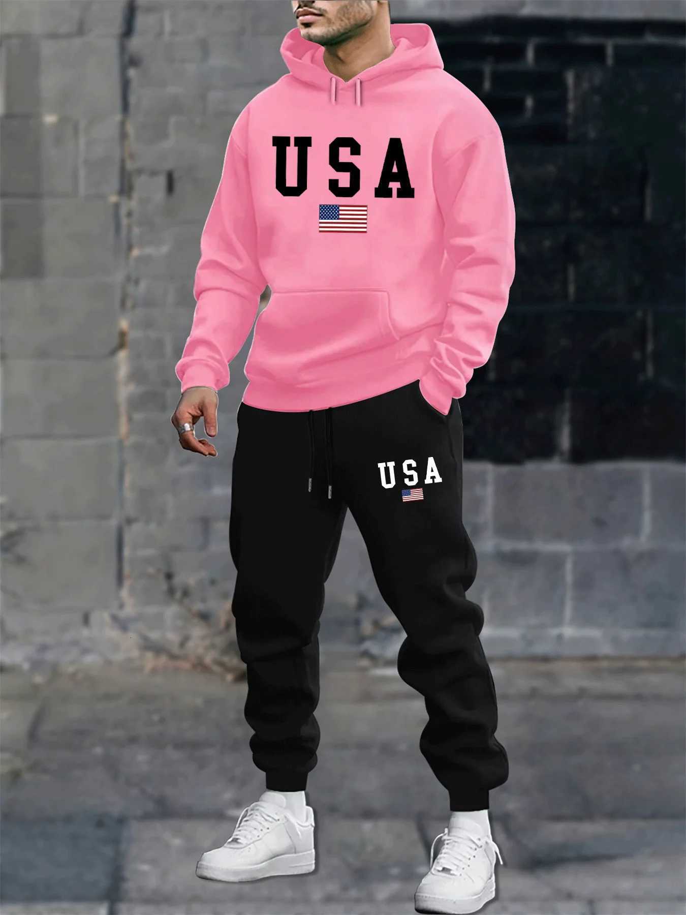 Mens autumn and winter casual fashion warm American flag USA pattern print loose plush thick hooded sweatshirtsweatpants set W251110