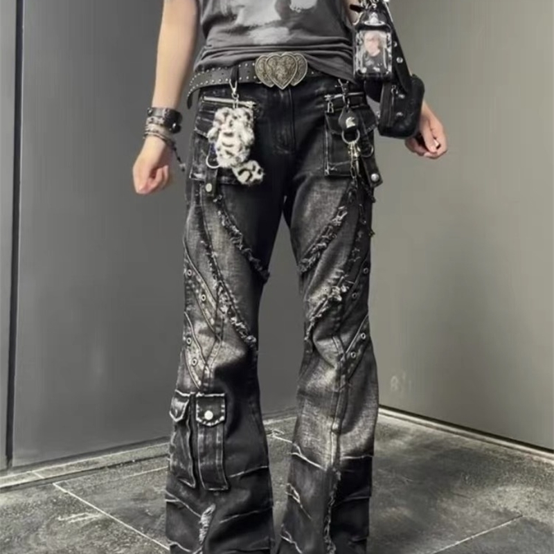 Autumn Winter Womens Denim Pants Dark Academia Cargo Jean Flared Bell Bottom ner Kpop Japanese Y2k 2000s Goblin Core Z260313