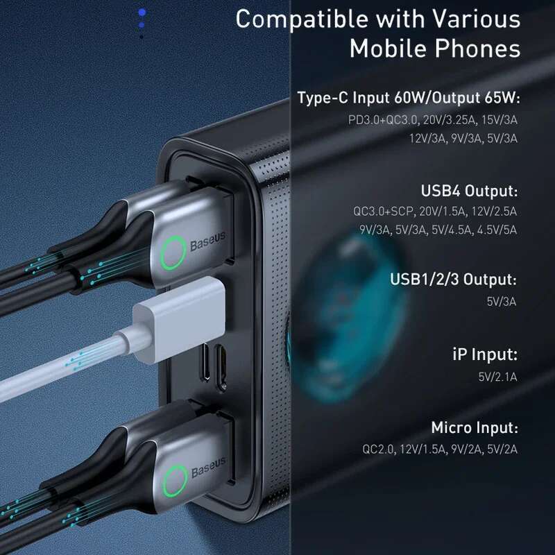 Baseus Bank 30000mAh 65W PD3.0 Quick Charging 3.0 FCP SCP Portable External For Laptop Tablet Power bank