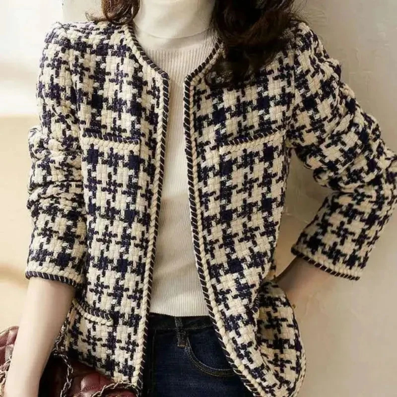 Bright Silk Line Decoration Plaid Vintage ONeck Long Sleeve Womens Jacket Covered Button Short Jackets Coat For Women 251110