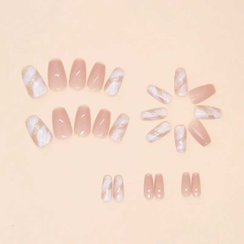 24 pink glitter fake nails with jelly stickers pressed onto the fake nails wearable round head oval full cover nail tips W250410