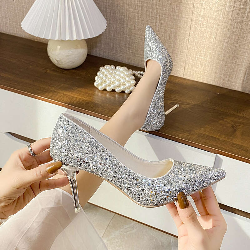 Woman Sandals Wedding Shoes Women Winter Bridal Sequined Wedding Dress Two In One Crystal Shoes New Silver Bridesmaid High Slim Heels Not Tiring For F