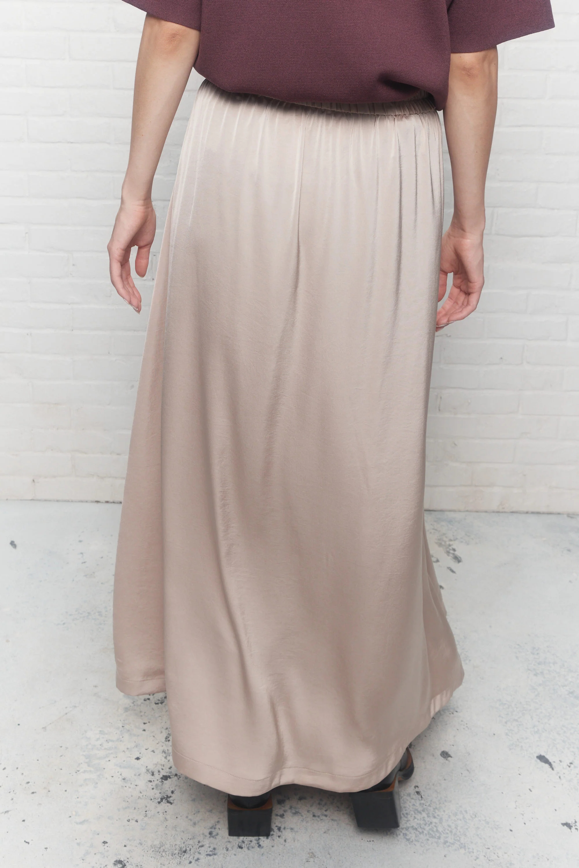 Women's Beige Satin Maxi Skirt, Elastic Waist Side Slit with Pockets Ankle-Length Skirt