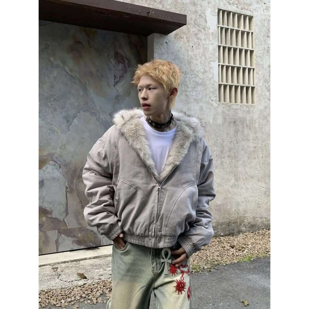 American Retro Woolen Collar Hooded Cotton Winter Thick Plush Top Men Street Hip-Hop Gothic Haruku Oversize Jacket Coat