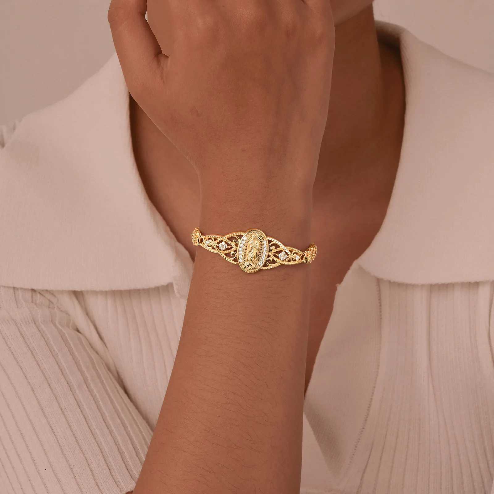 Vnox Catholic Bracelet for Women14k Gold Plated BraceletDainty Cubic Zirconia Religious Baptism Virgin Mary Bracelets GiftsT251110