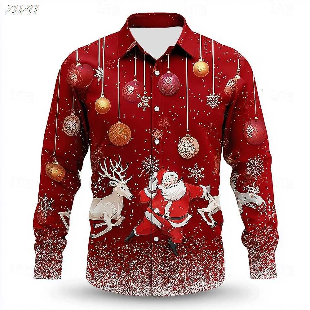 2025 Mens Christmas Santa Reindeer Shirt 3D Print Baubles Design Funny Button Up Collared Holiday Long Sleeve Tops K251110