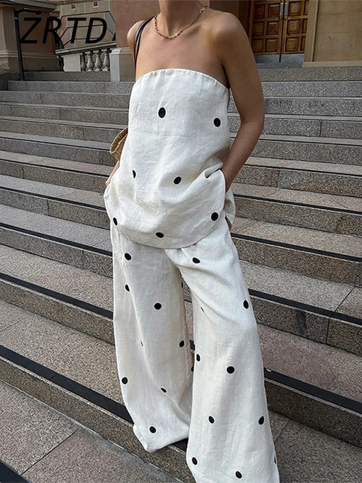 Fashion Backless Polka Dot Tops Pants Sets Women Loose Strapless Back Split Vest Pocket Wide Leg Pant 2025 Lady Vacation Outfits 250408